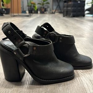 Black Leather block heel clogs